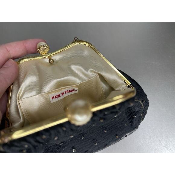 Vintage Black Sparkle Sequin & Pearl Snap Evening Bag Made In France - Picture 3 of 7